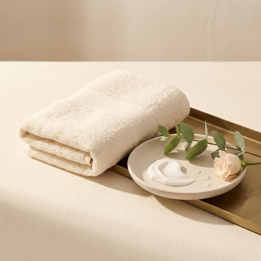 Cilt bakımı için hazırlanmış sakin bir köşe — havlu, krem ve doğal bir dal